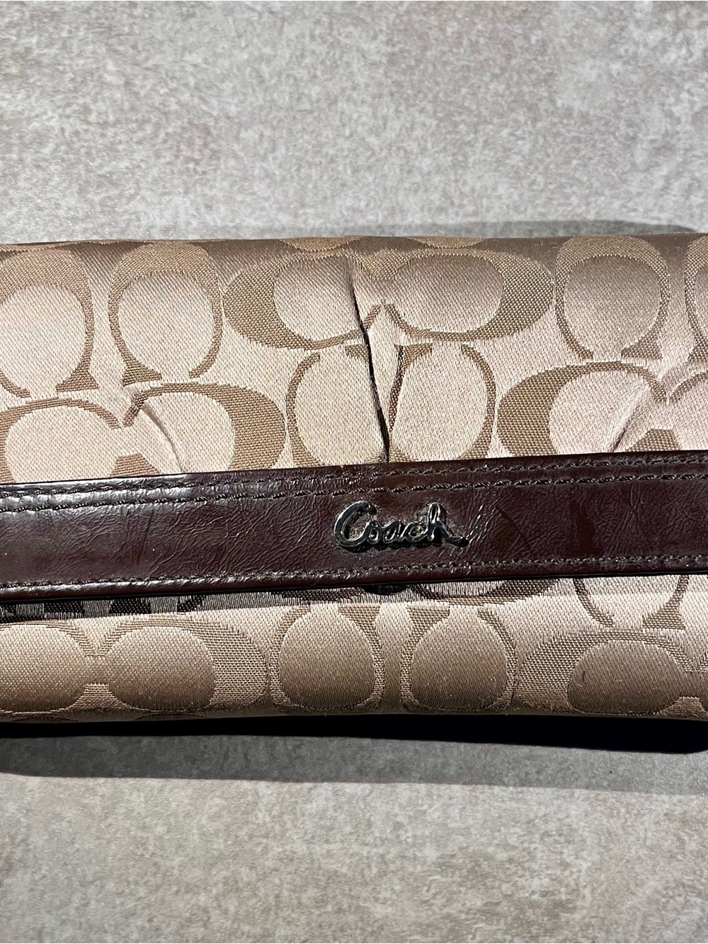 Coach Khaki and Dark Brown Signature Fold-Over Wallet and Checkbook cover